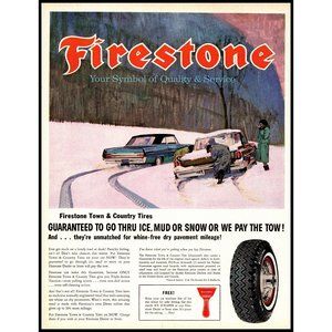1963 Firestone Town and Country Tires Vintage Print Ad Snow Tire Mountains Art